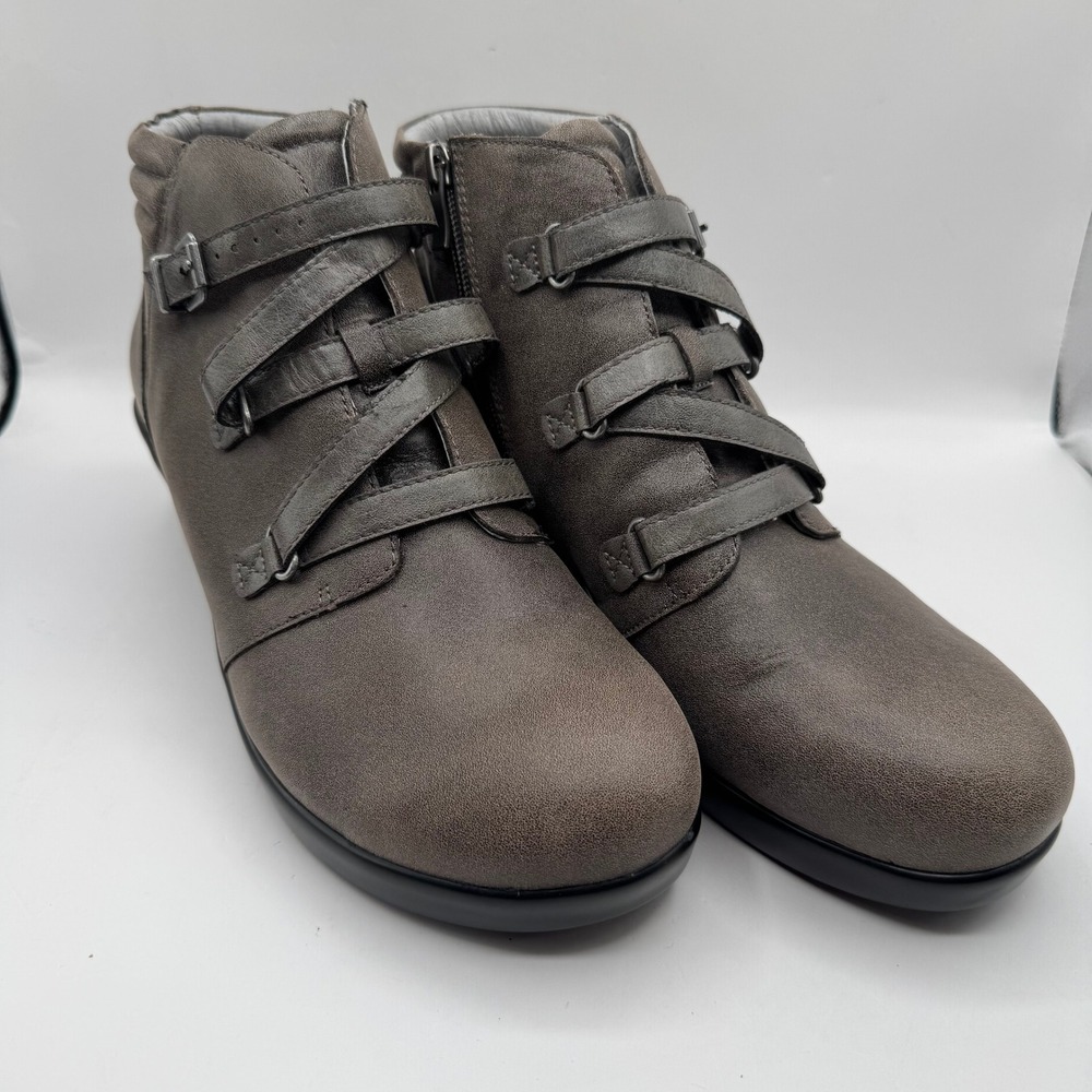 Alegria Ankle Boots Women 42 Gray Leather Multi Strap Buckle IND-643 Side Zip